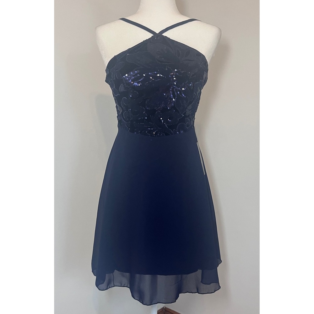 Lulus Sequin Velvet Halter Dress Womens Size S Navy Blue Formal Homecoming